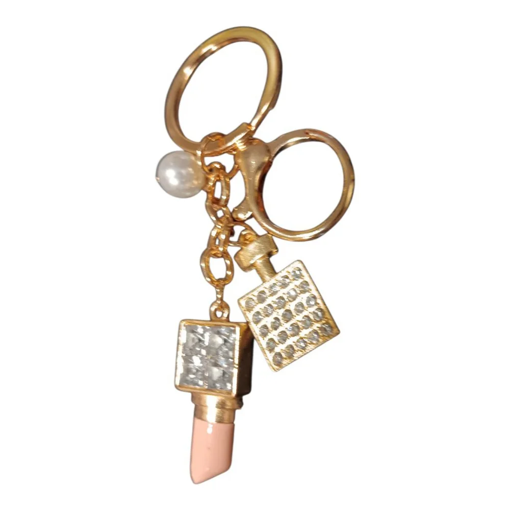 Lipstick, Perfume Bottle, Pearl Rhinestone Purse Charm Keychain in Blush Bling